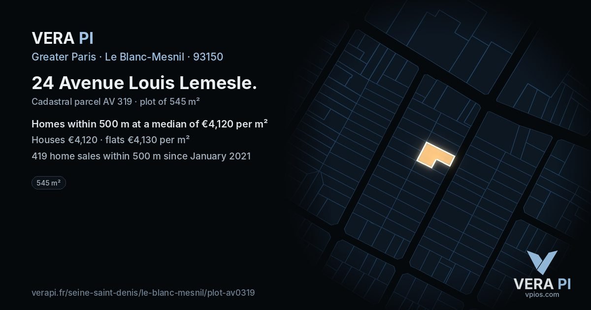 24 Avenue Louis Lemesle, Le Blanc-Mesnil at night – the plot lit, the parcels around coloured by the prices near them