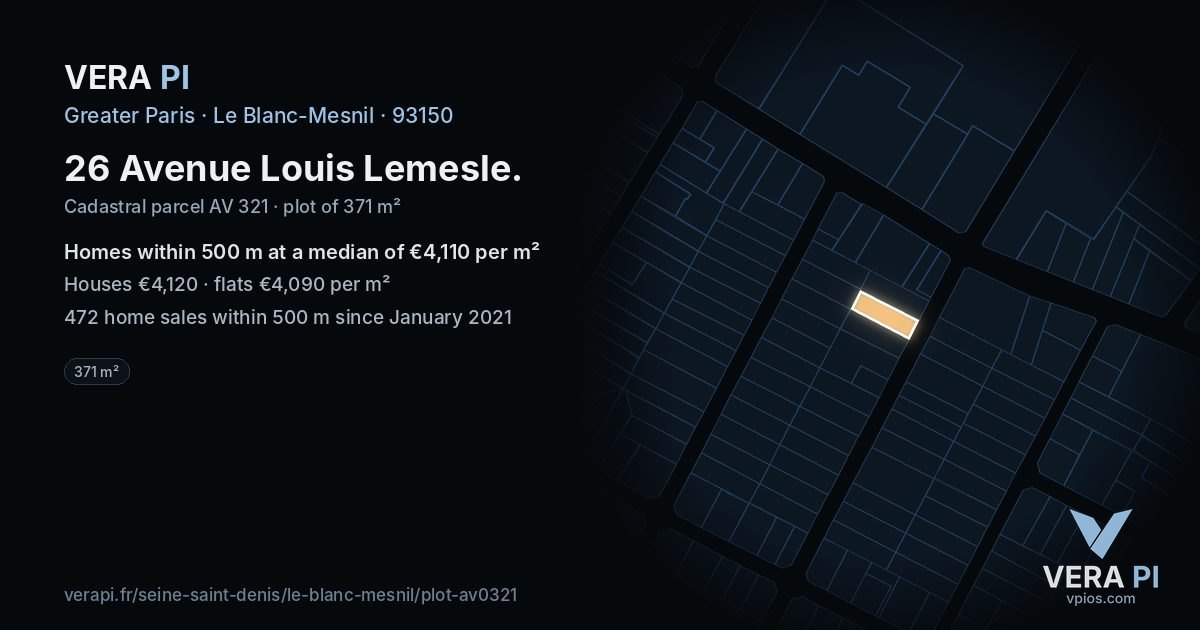 26 Avenue Louis Lemesle, Le Blanc-Mesnil at night – the plot lit, the parcels around coloured by the prices near them