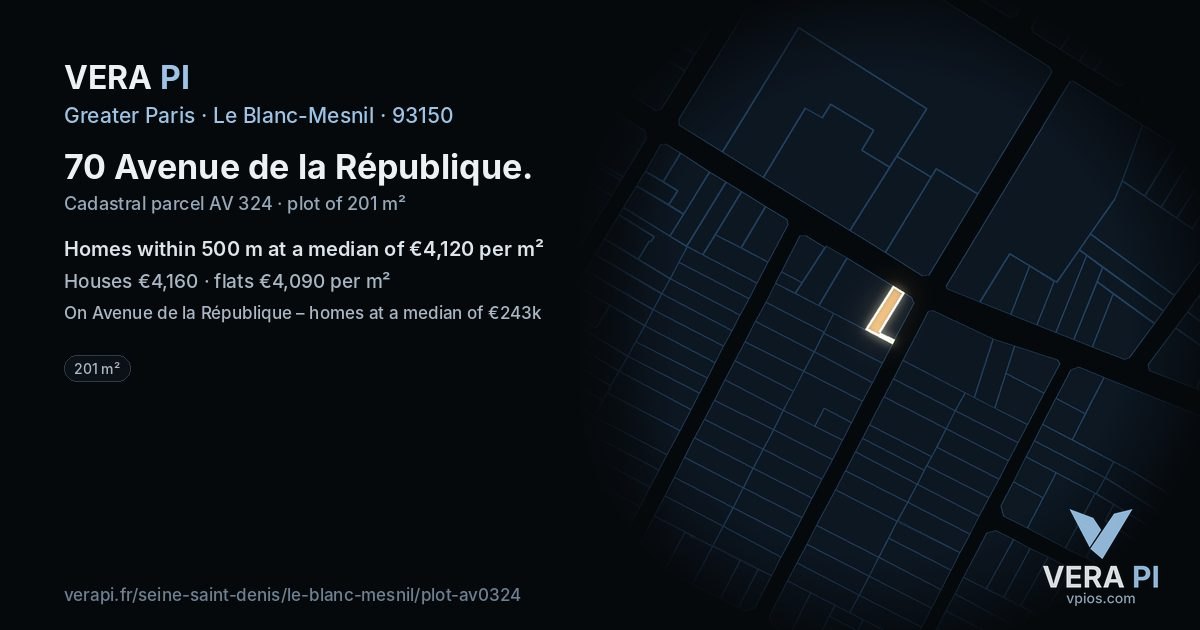 70 Avenue de la République, Le Blanc-Mesnil at night – the plot lit, the parcels around coloured by the prices near them