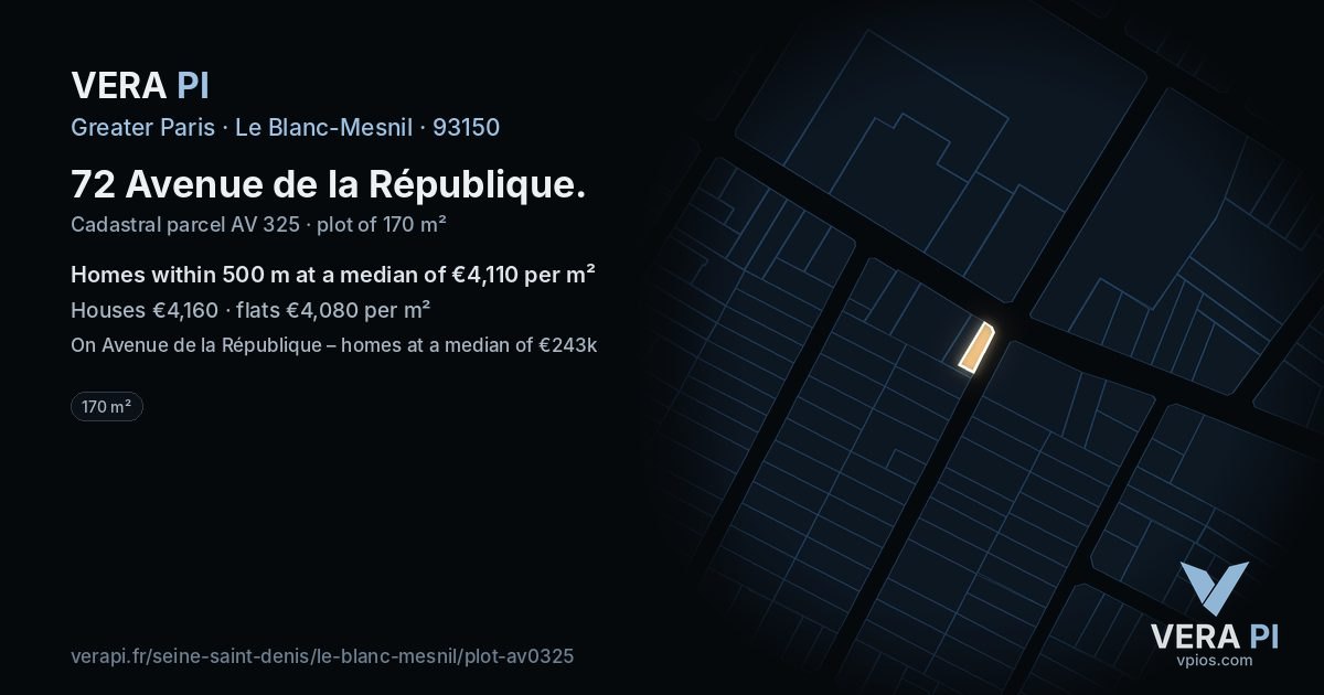 72 Avenue de la République, Le Blanc-Mesnil at night – the plot lit, the parcels around coloured by the prices near them