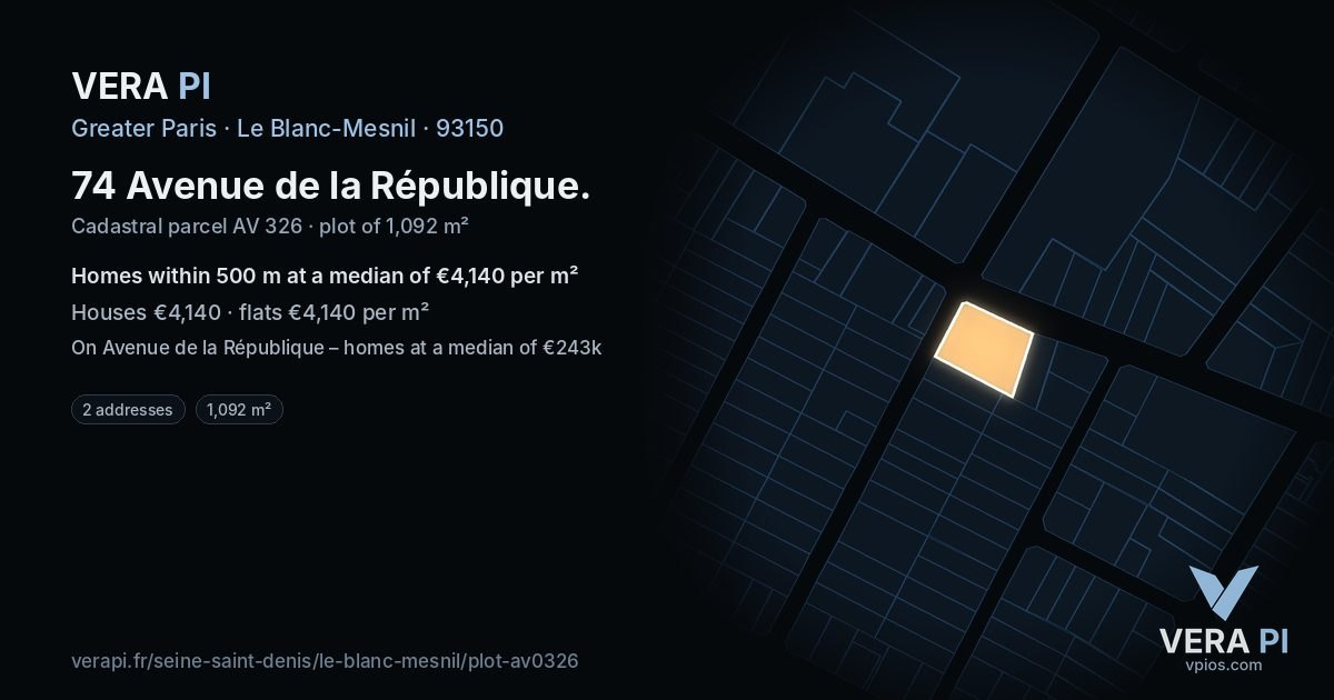 74 Avenue de la République, Le Blanc-Mesnil at night – the plot lit, the parcels around coloured by the prices near them