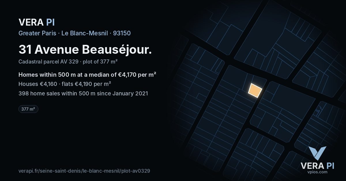31 Avenue Beauséjour, Le Blanc-Mesnil at night – the plot lit, the parcels around coloured by the prices near them