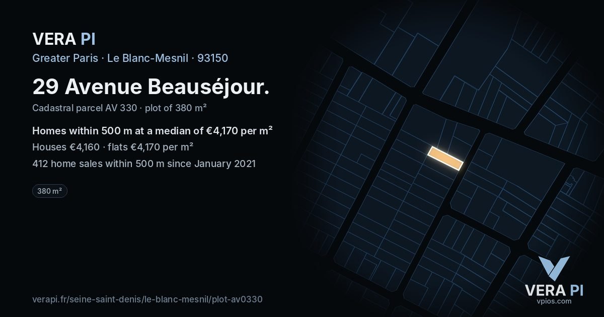 29 Avenue Beauséjour, Le Blanc-Mesnil at night – the plot lit, the parcels around coloured by the prices near them