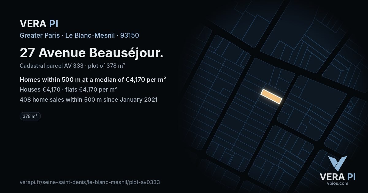 27 Avenue Beauséjour, Le Blanc-Mesnil at night – the plot lit, the parcels around coloured by the prices near them