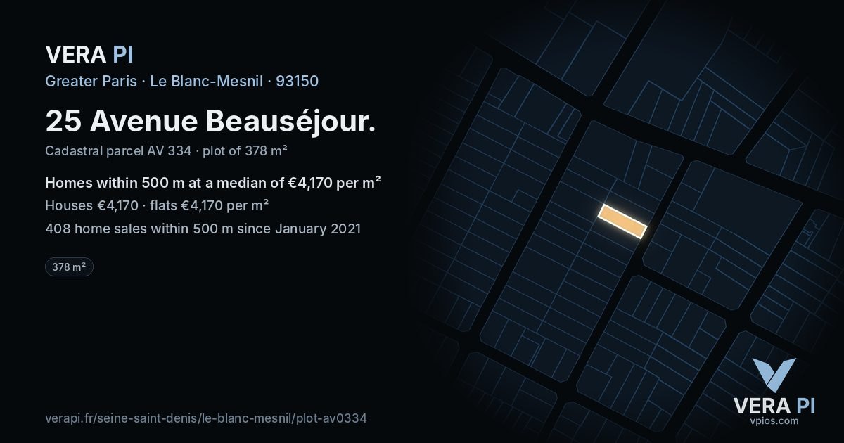 25 Avenue Beauséjour, Le Blanc-Mesnil at night – the plot lit, the parcels around coloured by the prices near them