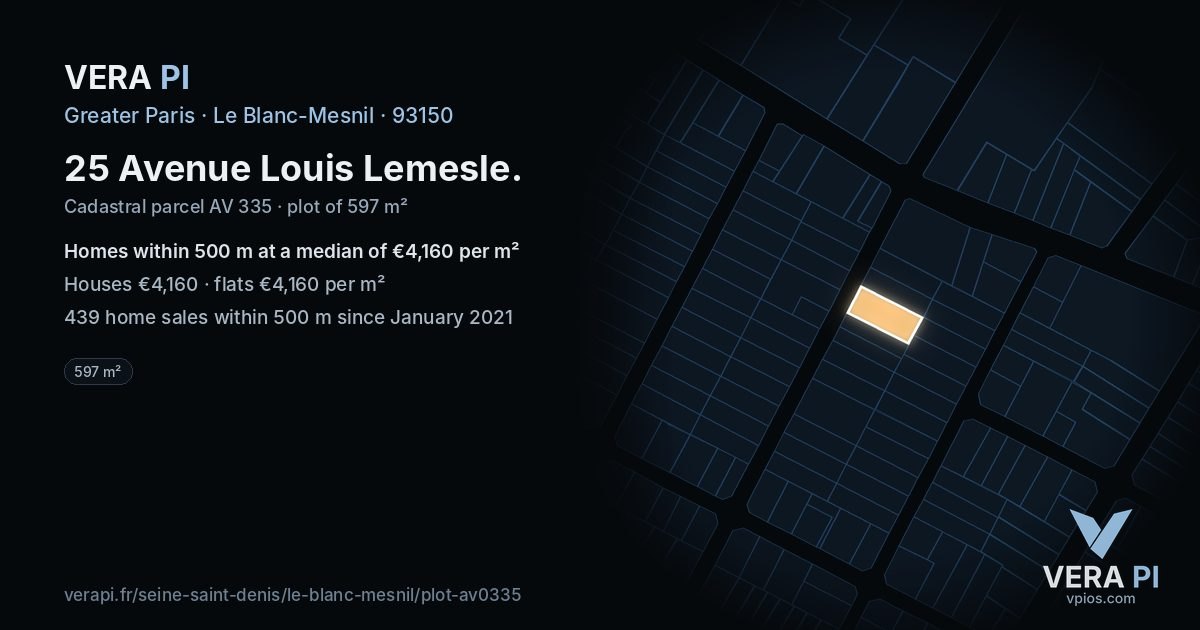 25 Avenue Louis Lemesle, Le Blanc-Mesnil at night – the plot lit, the parcels around coloured by the prices near them