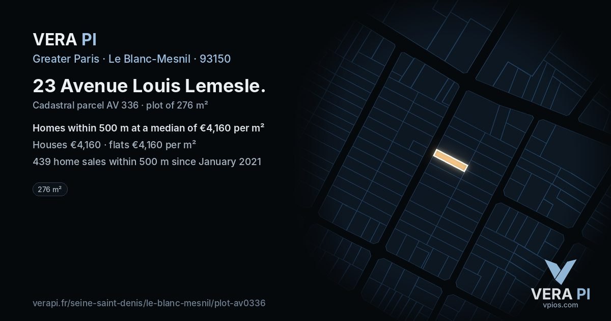 23 Avenue Louis Lemesle, Le Blanc-Mesnil at night – the plot lit, the parcels around coloured by the prices near them