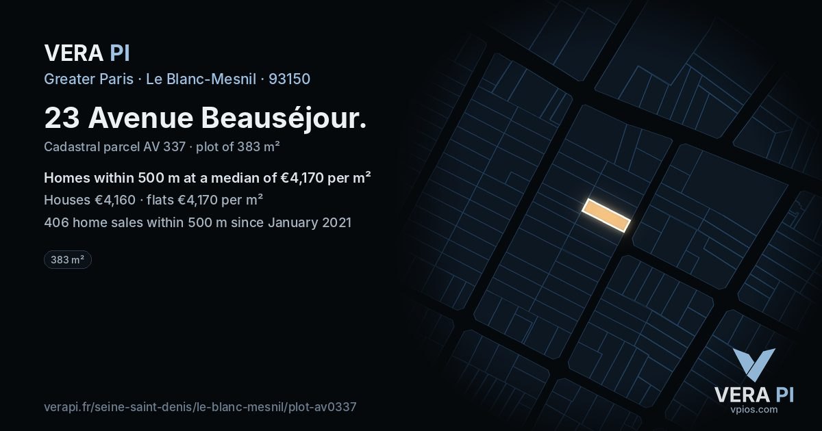 23 Avenue Beauséjour, Le Blanc-Mesnil at night – the plot lit, the parcels around coloured by the prices near them