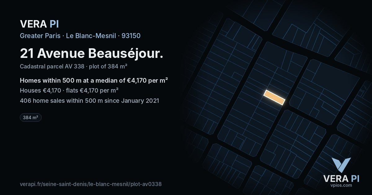 21 Avenue Beauséjour, Le Blanc-Mesnil at night – the plot lit, the parcels around coloured by the prices near them