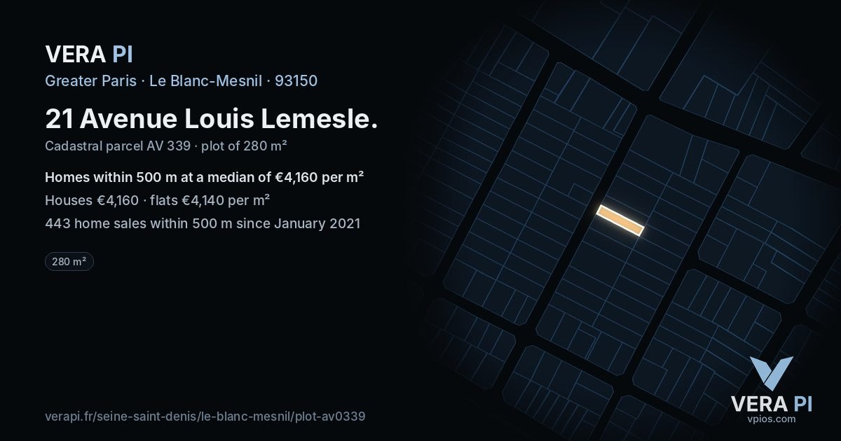 21 Avenue Louis Lemesle, Le Blanc-Mesnil at night – the plot lit, the parcels around coloured by the prices near them