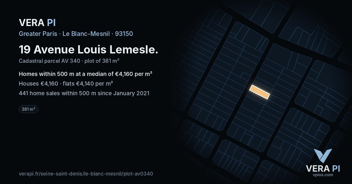 19 Avenue Louis Lemesle, Le Blanc-Mesnil at night – the plot lit, the parcels around coloured by the prices near them