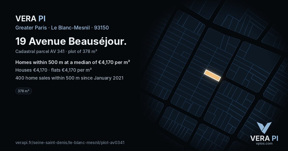 19 Avenue Beauséjour, Le Blanc-Mesnil at night – the plot lit, the parcels around coloured by the prices near them