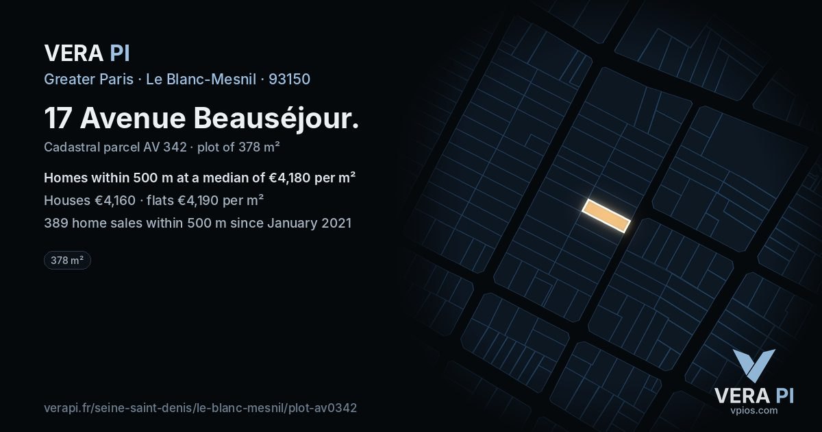 17 Avenue Beauséjour, Le Blanc-Mesnil at night – the plot lit, the parcels around coloured by the prices near them