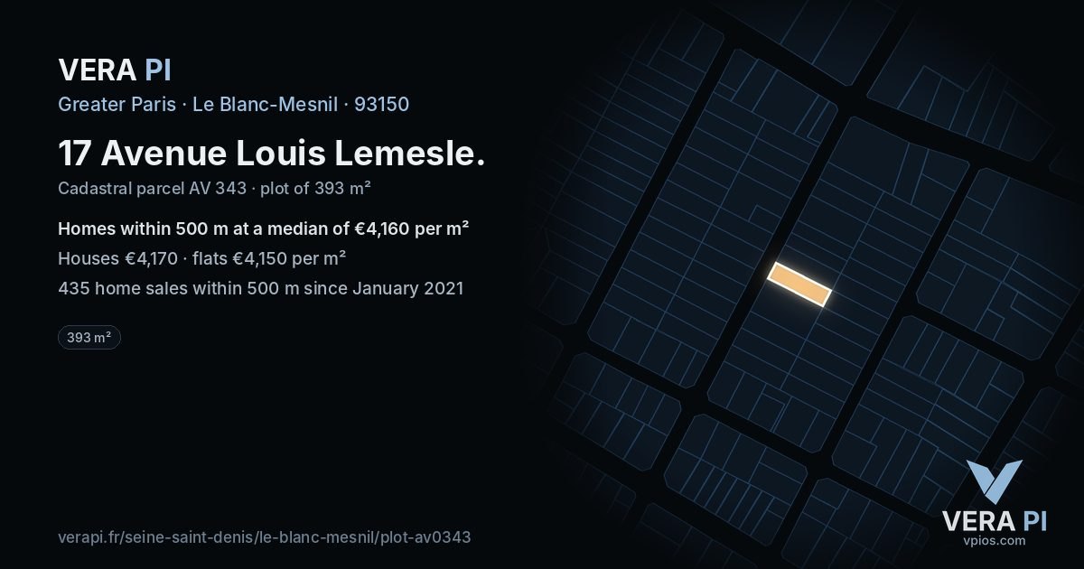 17 Avenue Louis Lemesle, Le Blanc-Mesnil at night – the plot lit, the parcels around coloured by the prices near them