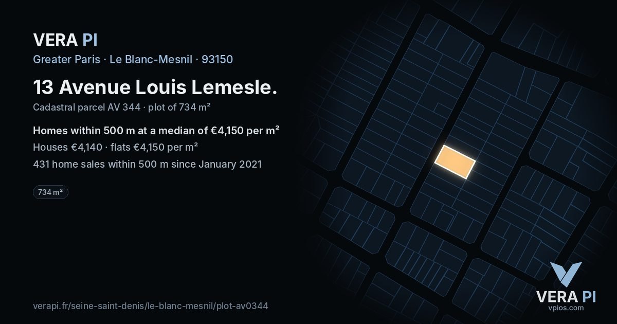 13 Avenue Louis Lemesle, Le Blanc-Mesnil at night – the plot lit, the parcels around coloured by the prices near them