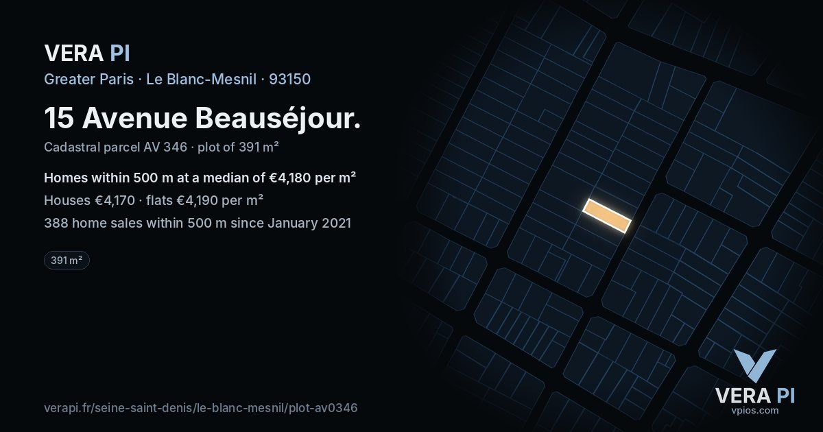 15 Avenue Beauséjour, Le Blanc-Mesnil at night – the plot lit, the parcels around coloured by the prices near them