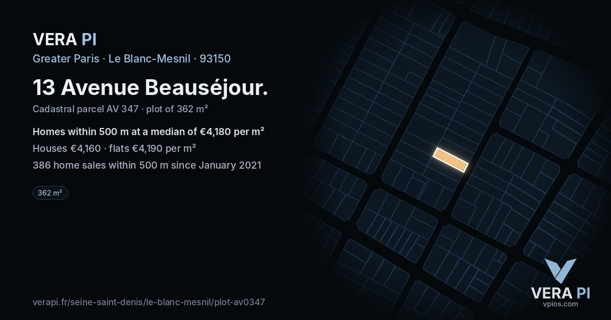 13 Avenue Beauséjour, Le Blanc-Mesnil at night – the plot lit, the parcels around coloured by the prices near them
