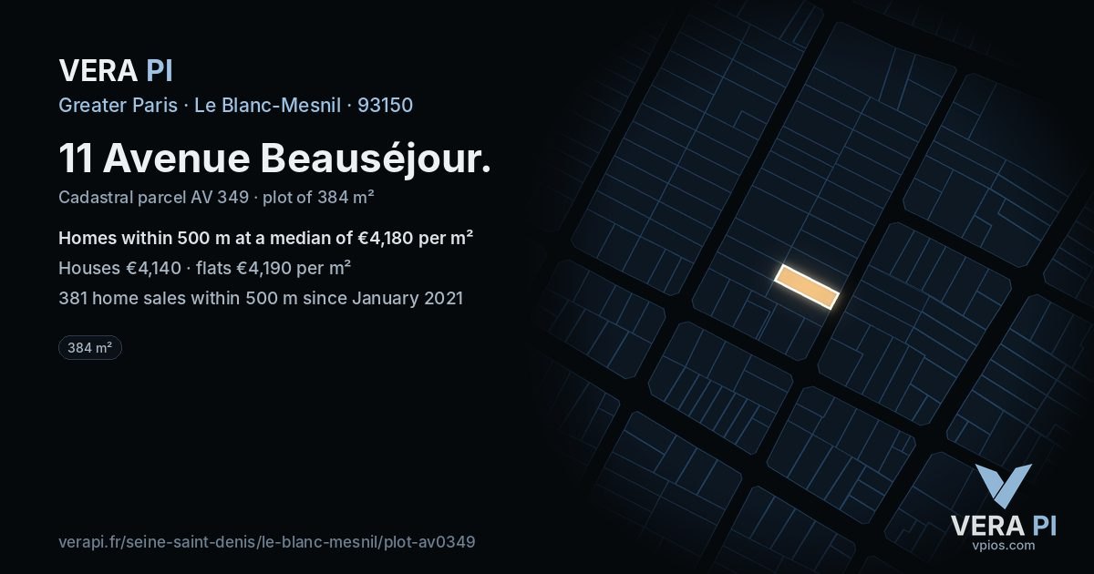 11 Avenue Beauséjour, Le Blanc-Mesnil at night – the plot lit, the parcels around coloured by the prices near them