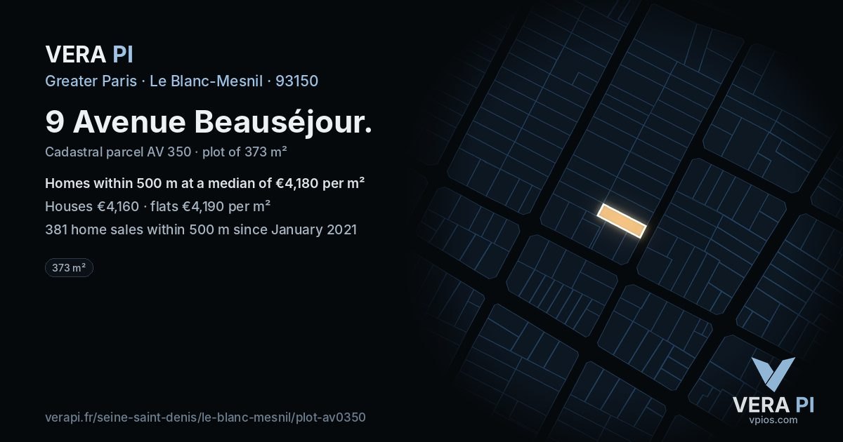 9 Avenue Beauséjour, Le Blanc-Mesnil at night – the plot lit, the parcels around coloured by the prices near them