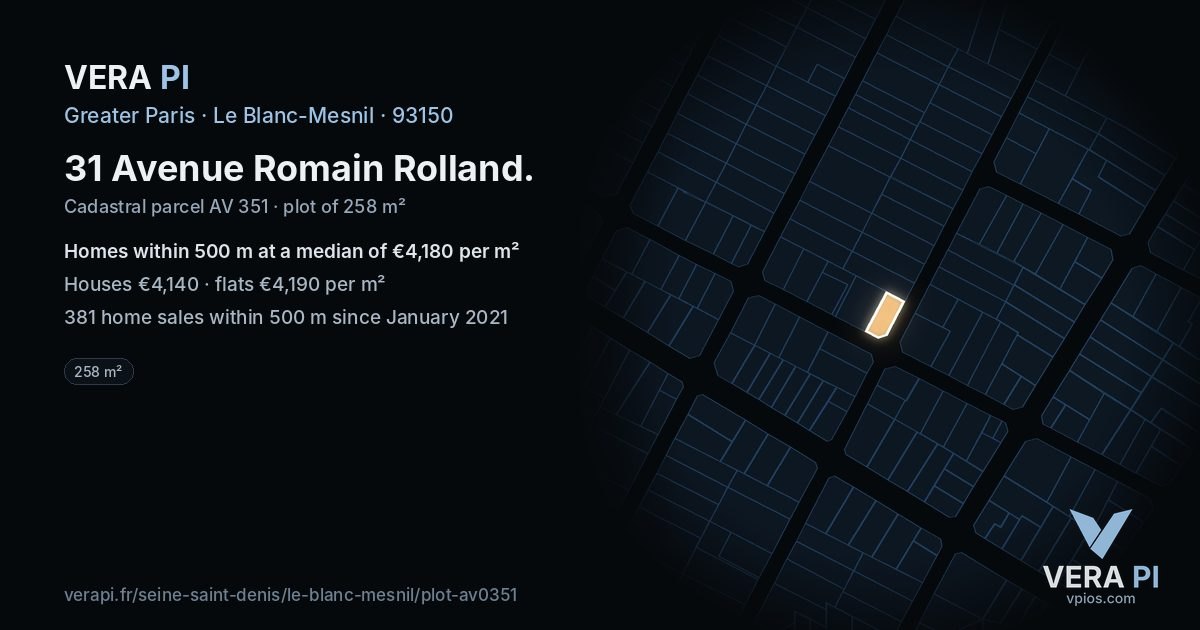 31 Avenue Romain Rolland, Le Blanc-Mesnil at night – the plot lit, the parcels around coloured by the prices near them