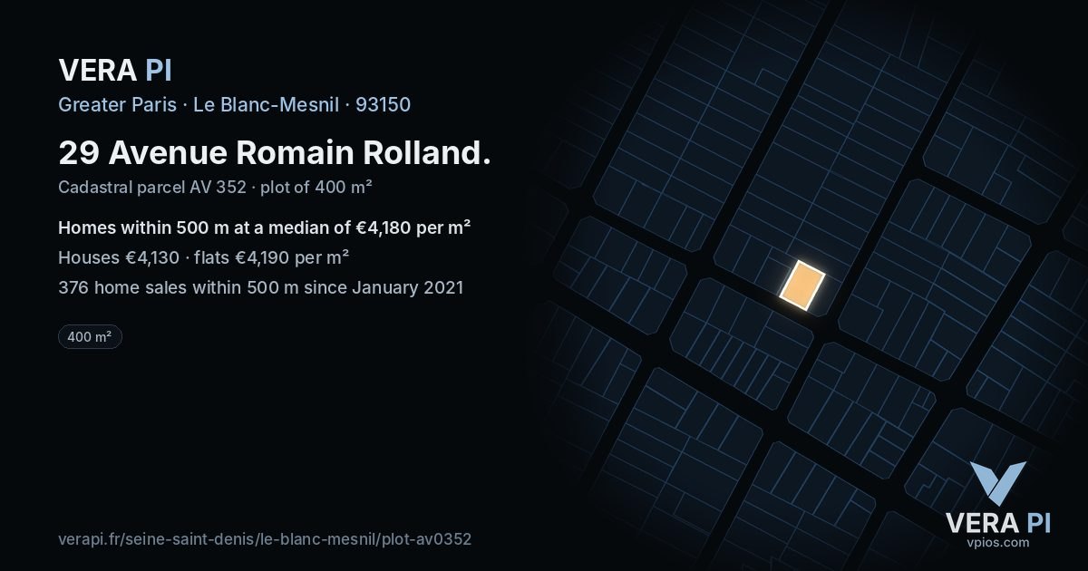 29 Avenue Romain Rolland, Le Blanc-Mesnil at night – the plot lit, the parcels around coloured by the prices near them