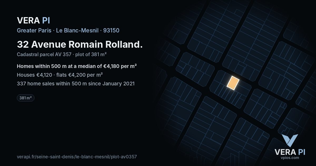32 Avenue Romain Rolland, Le Blanc-Mesnil at night – the plot lit, the parcels around coloured by the prices near them