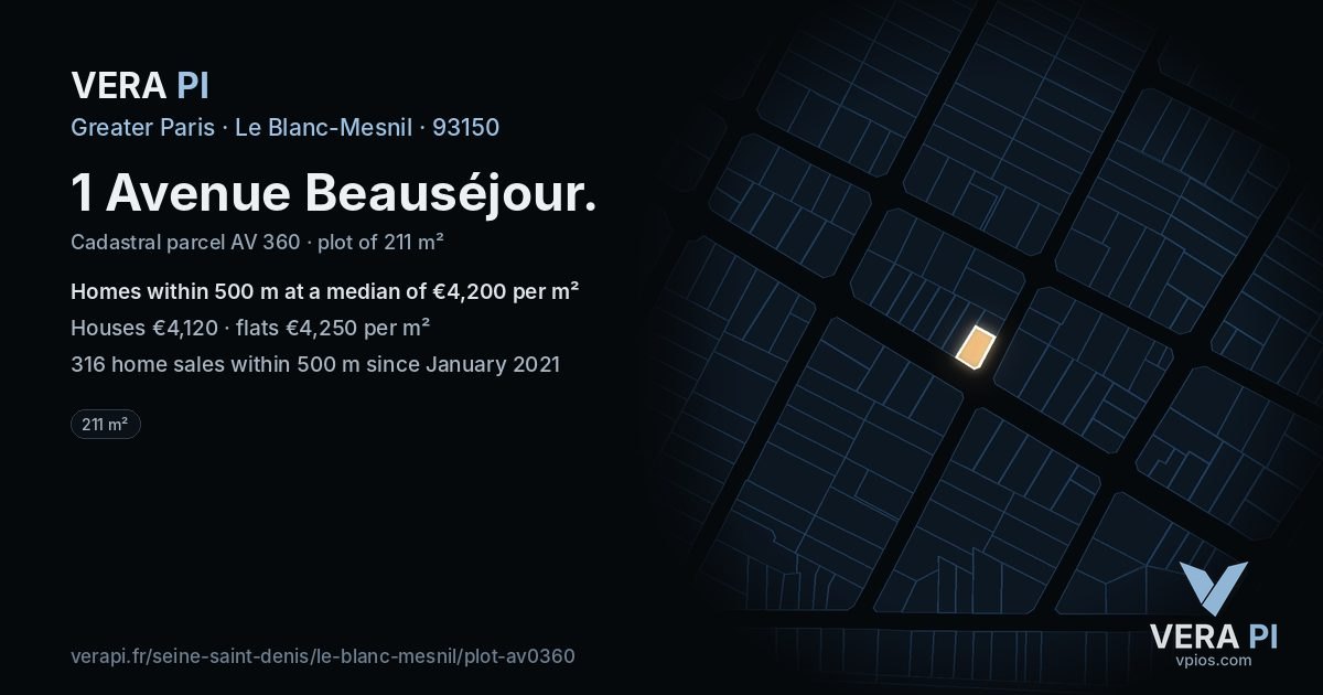 1 Avenue Beauséjour, Le Blanc-Mesnil at night – the plot lit, the parcels around coloured by the prices near them