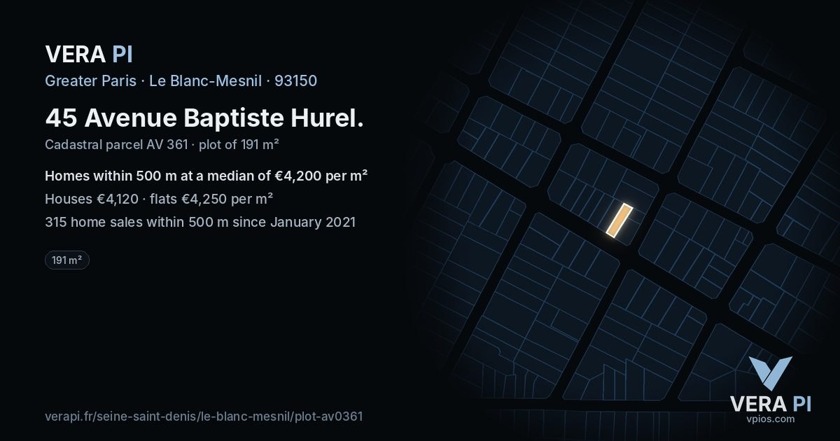 45 Avenue Baptiste Hurel, Le Blanc-Mesnil at night – the plot lit, the parcels around coloured by the prices near them