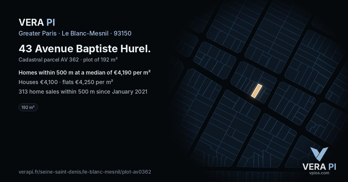 43 Avenue Baptiste Hurel, Le Blanc-Mesnil at night – the plot lit, the parcels around coloured by the prices near them