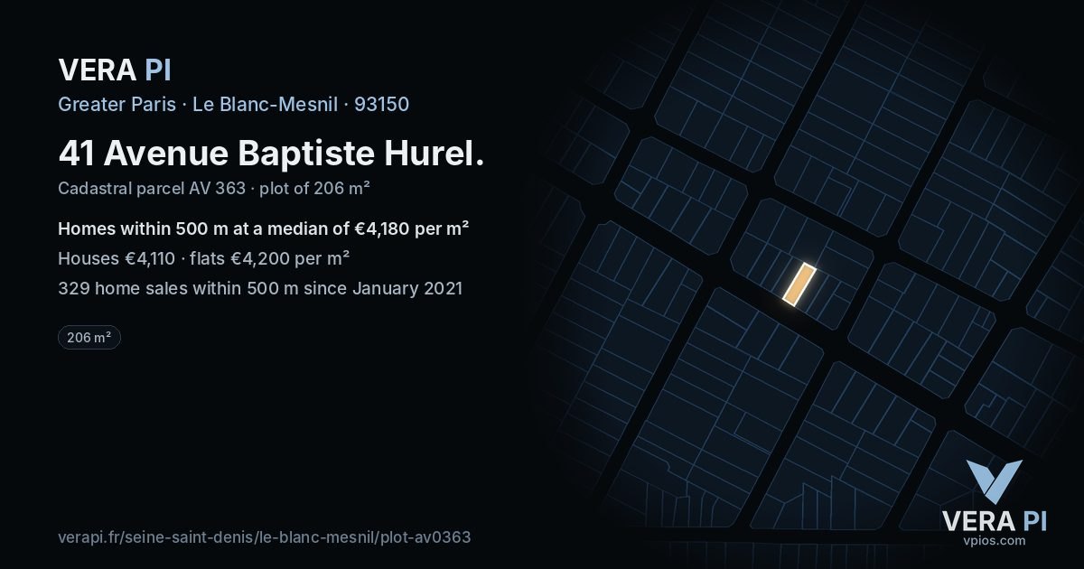 41 Avenue Baptiste Hurel, Le Blanc-Mesnil at night – the plot lit, the parcels around coloured by the prices near them