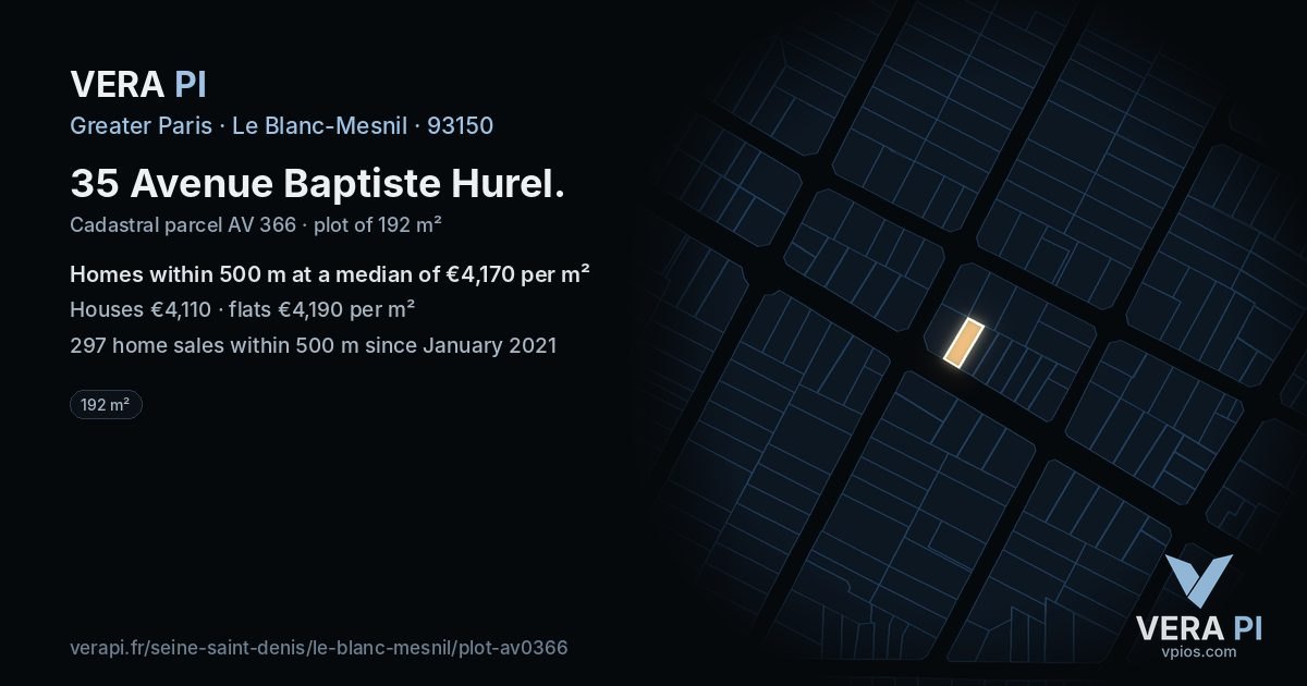 35 Avenue Baptiste Hurel, Le Blanc-Mesnil at night – the plot lit, the parcels around coloured by the prices near them