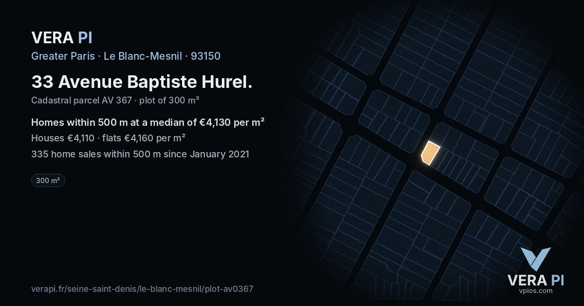 33 Avenue Baptiste Hurel, Le Blanc-Mesnil at night – the plot lit, the parcels around coloured by the prices near them