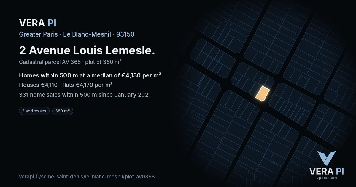 2 Avenue Louis Lemesle, Le Blanc-Mesnil at night – the plot lit, the parcels around coloured by the prices near them