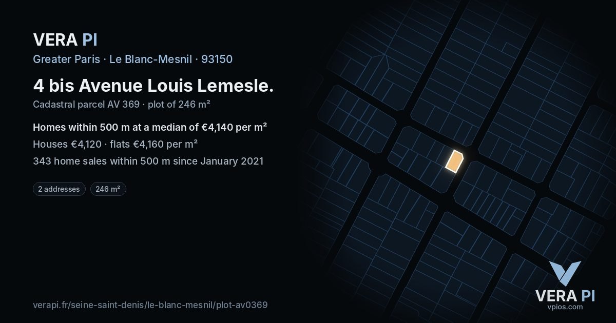 4 bis Avenue Louis Lemesle, Le Blanc-Mesnil at night – the plot lit, the parcels around coloured by the prices near them