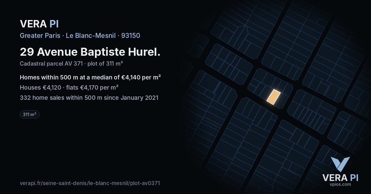 29 Avenue Baptiste Hurel, Le Blanc-Mesnil at night – the plot lit, the parcels around coloured by the prices near them