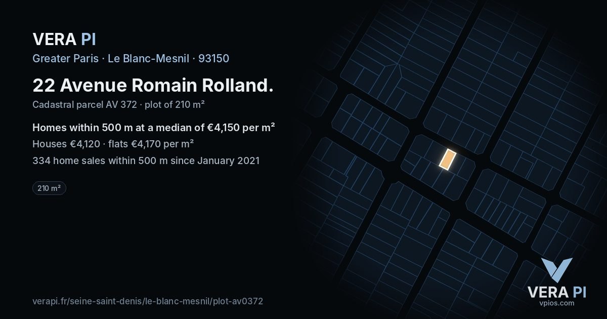 22 Avenue Romain Rolland, Le Blanc-Mesnil at night – the plot lit, the parcels around coloured by the prices near them