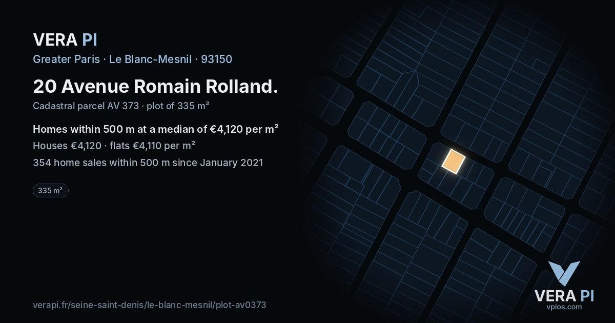 20 Avenue Romain Rolland, Le Blanc-Mesnil at night – the plot lit, the parcels around coloured by the prices near them