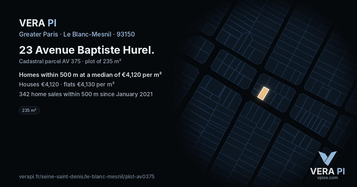 23 Avenue Baptiste Hurel, Le Blanc-Mesnil at night – the plot lit, the parcels around coloured by the prices near them