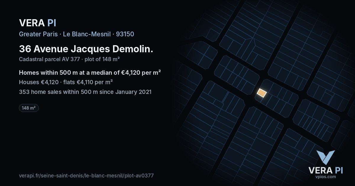 36 Avenue Jacques Demolin, Le Blanc-Mesnil at night – the plot lit, the parcels around coloured by the prices near them