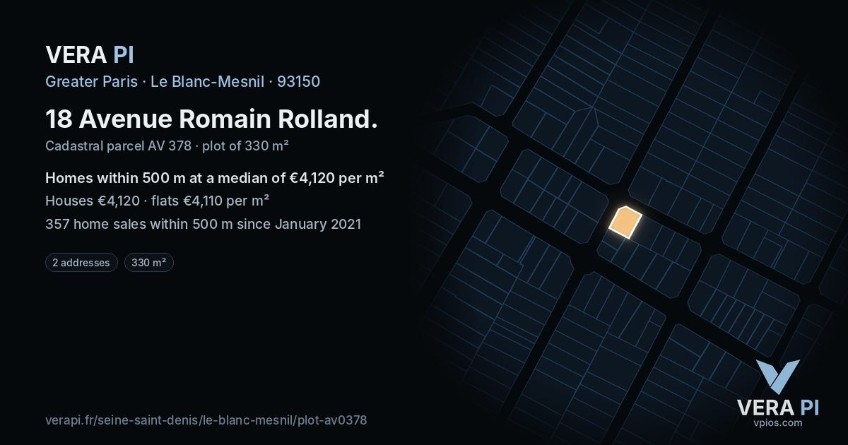 18 Avenue Romain Rolland, Le Blanc-Mesnil at night – the plot lit, the parcels around coloured by the prices near them