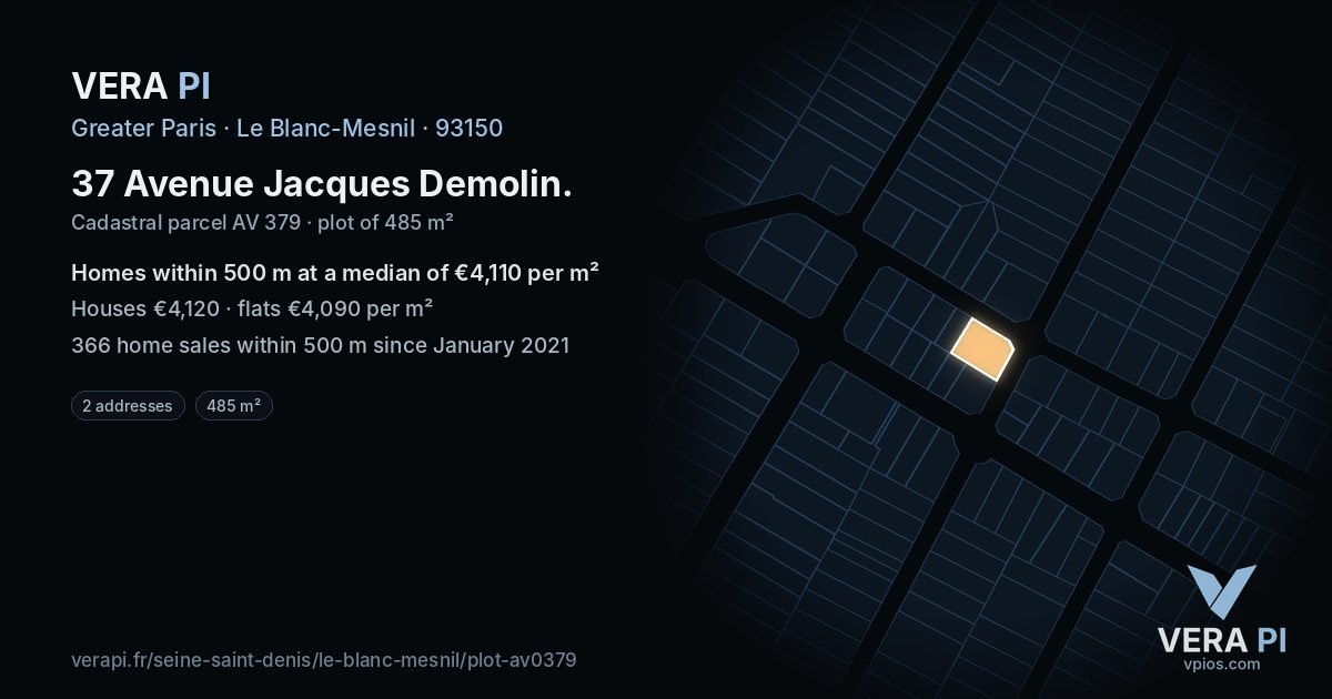 37 Avenue Jacques Demolin, Le Blanc-Mesnil at night – the plot lit, the parcels around coloured by the prices near them