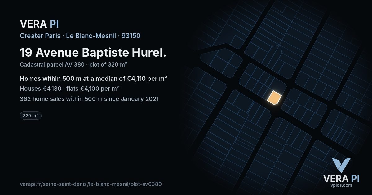 19 Avenue Baptiste Hurel, Le Blanc-Mesnil at night – the plot lit, the parcels around coloured by the prices near them