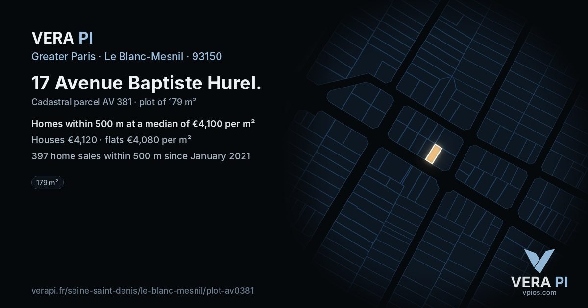 17 Avenue Baptiste Hurel, Le Blanc-Mesnil at night – the plot lit, the parcels around coloured by the prices near them