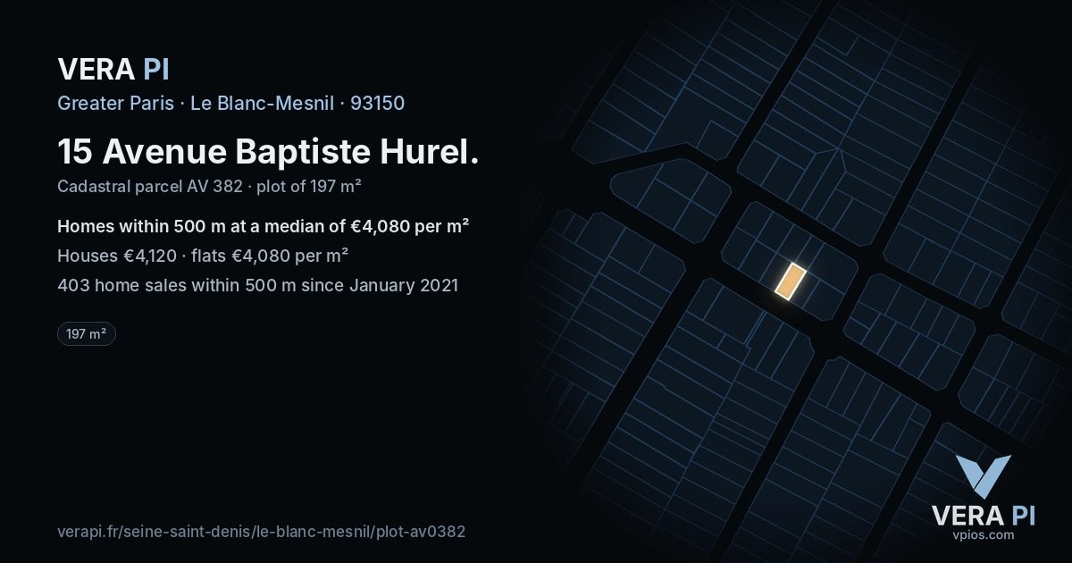 15 Avenue Baptiste Hurel, Le Blanc-Mesnil at night – the plot lit, the parcels around coloured by the prices near them