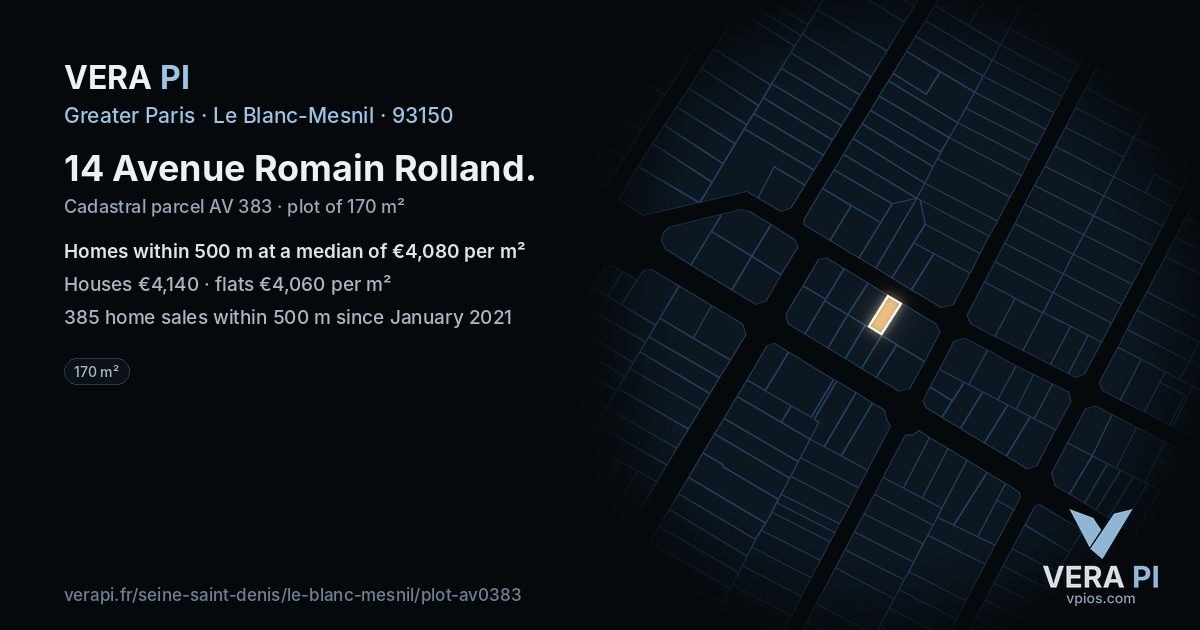 14 Avenue Romain Rolland, Le Blanc-Mesnil at night – the plot lit, the parcels around coloured by the prices near them