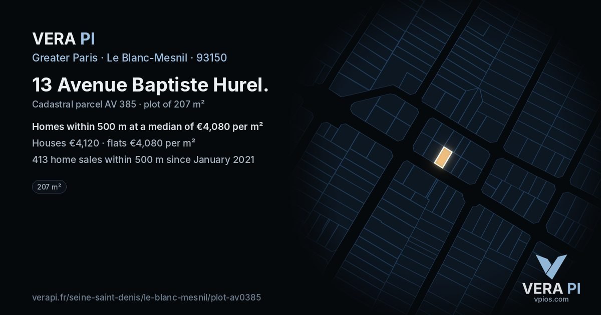13 Avenue Baptiste Hurel, Le Blanc-Mesnil at night – the plot lit, the parcels around coloured by the prices near them