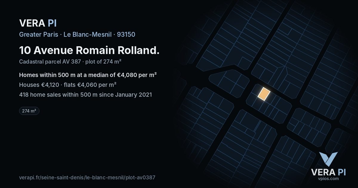 10 Avenue Romain Rolland, Le Blanc-Mesnil at night – the plot lit, the parcels around coloured by the prices near them