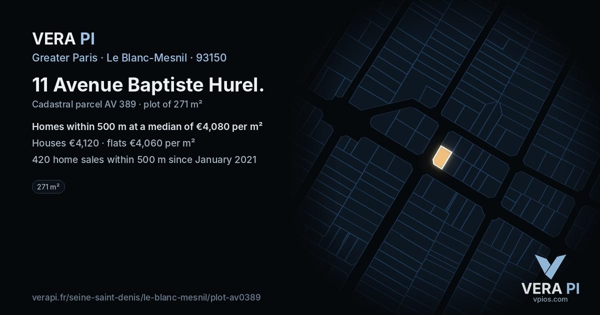 11 Avenue Baptiste Hurel, Le Blanc-Mesnil at night – the plot lit, the parcels around coloured by the prices near them
