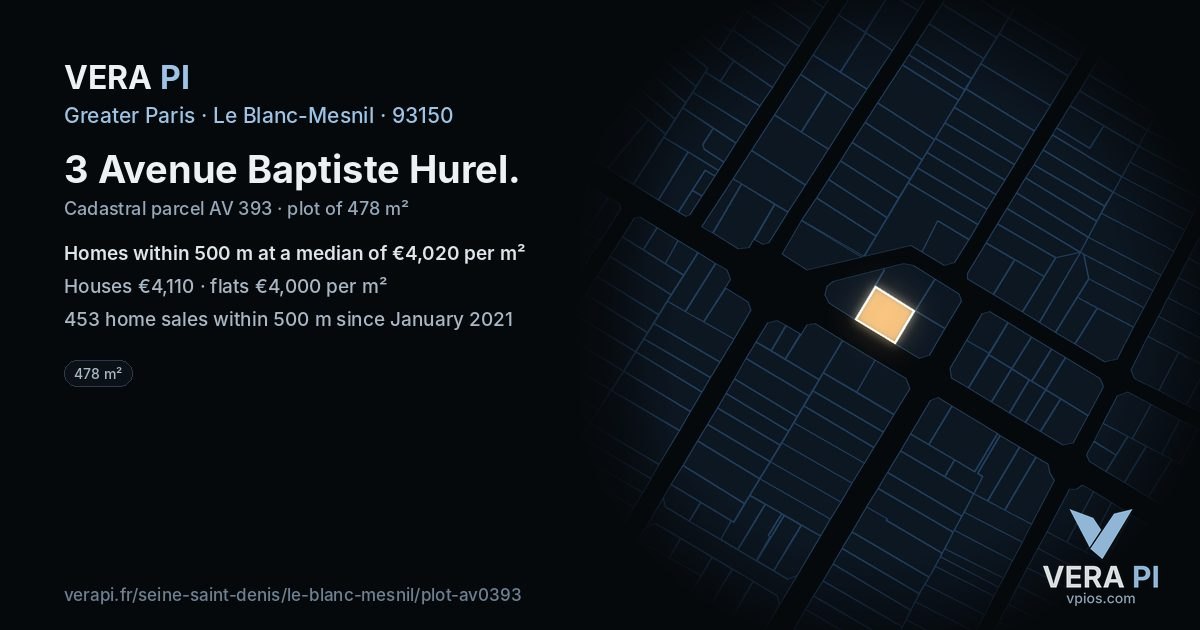 3 Avenue Baptiste Hurel, Le Blanc-Mesnil at night – the plot lit, the parcels around coloured by the prices near them
