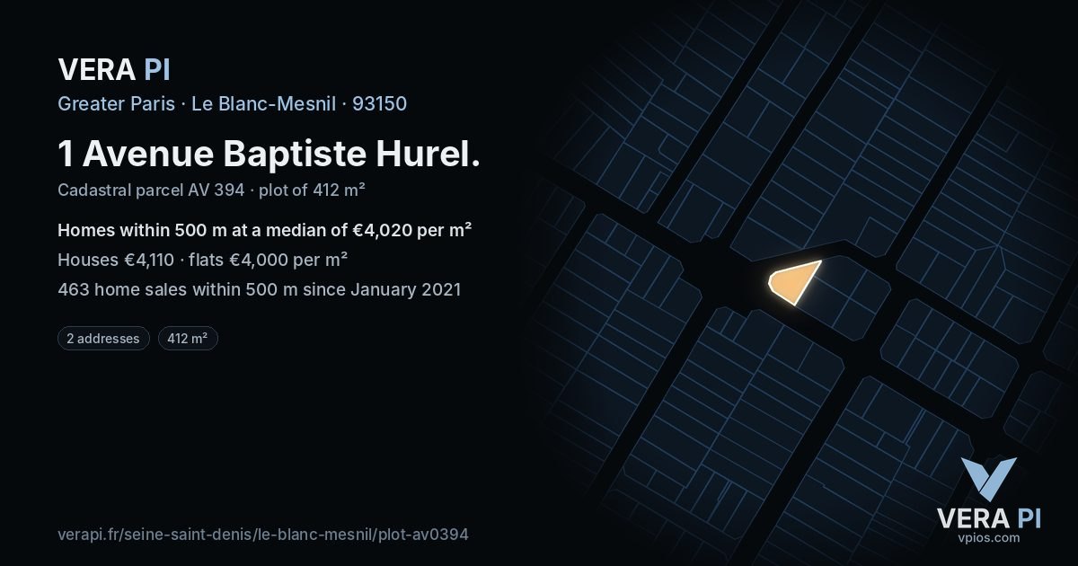 1 Avenue Baptiste Hurel, Le Blanc-Mesnil at night – the plot lit, the parcels around coloured by the prices near them